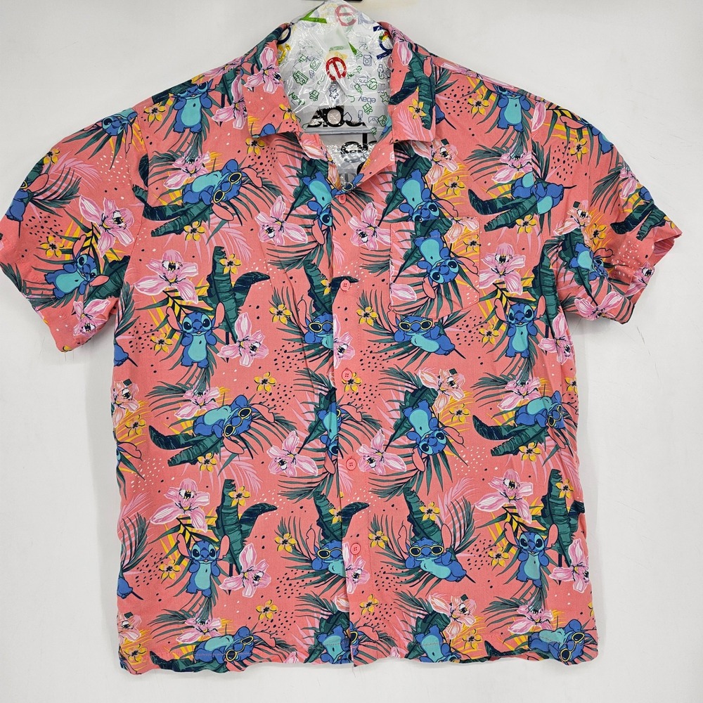 Disney Stitch Hawaiian Shirt Mens XL Button Up Floral Pink All Over Print